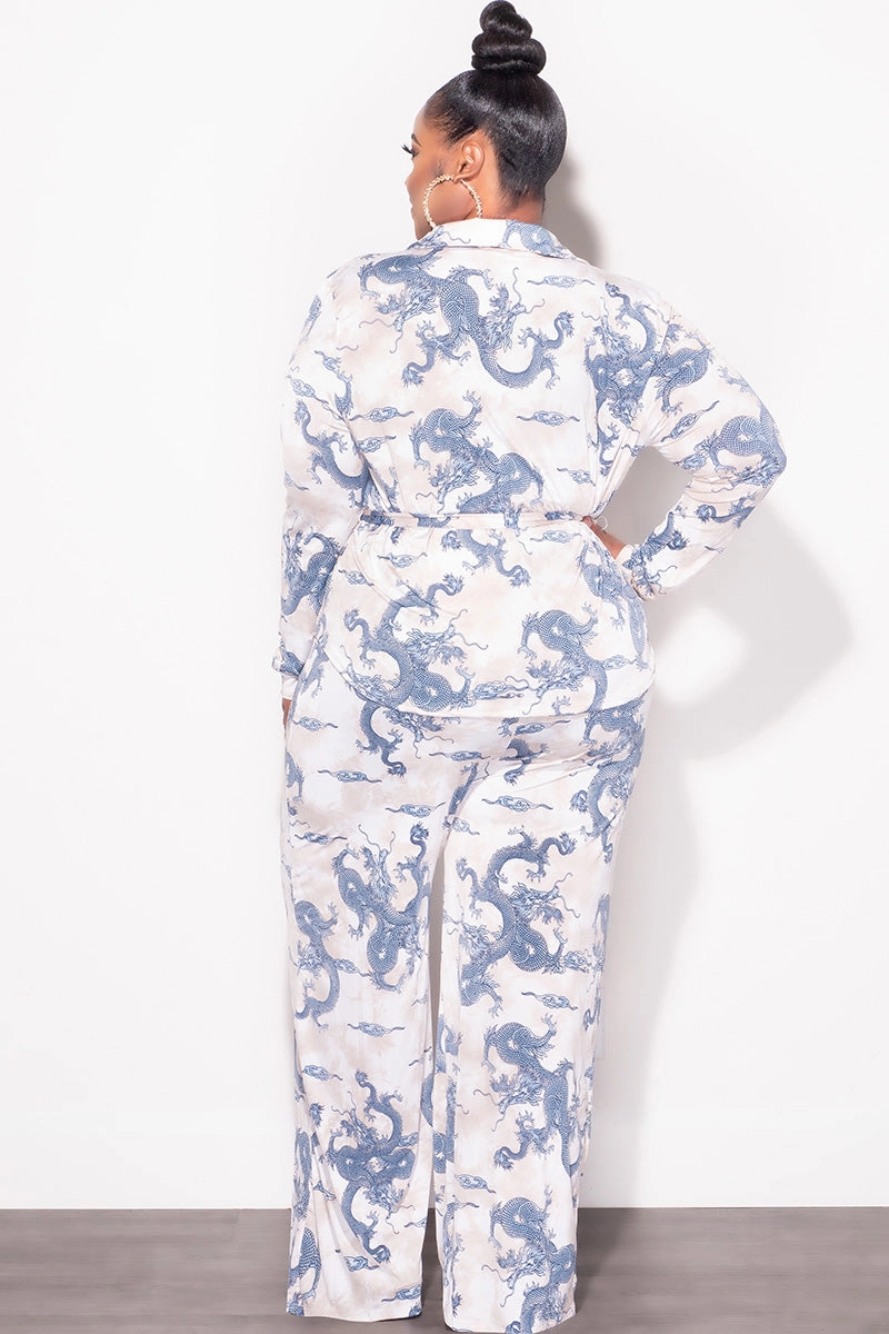 Final Sale Plus Size 2pc Button Up Collar Top and Pants Set in Blue and Tan Quick Change Practical Fit