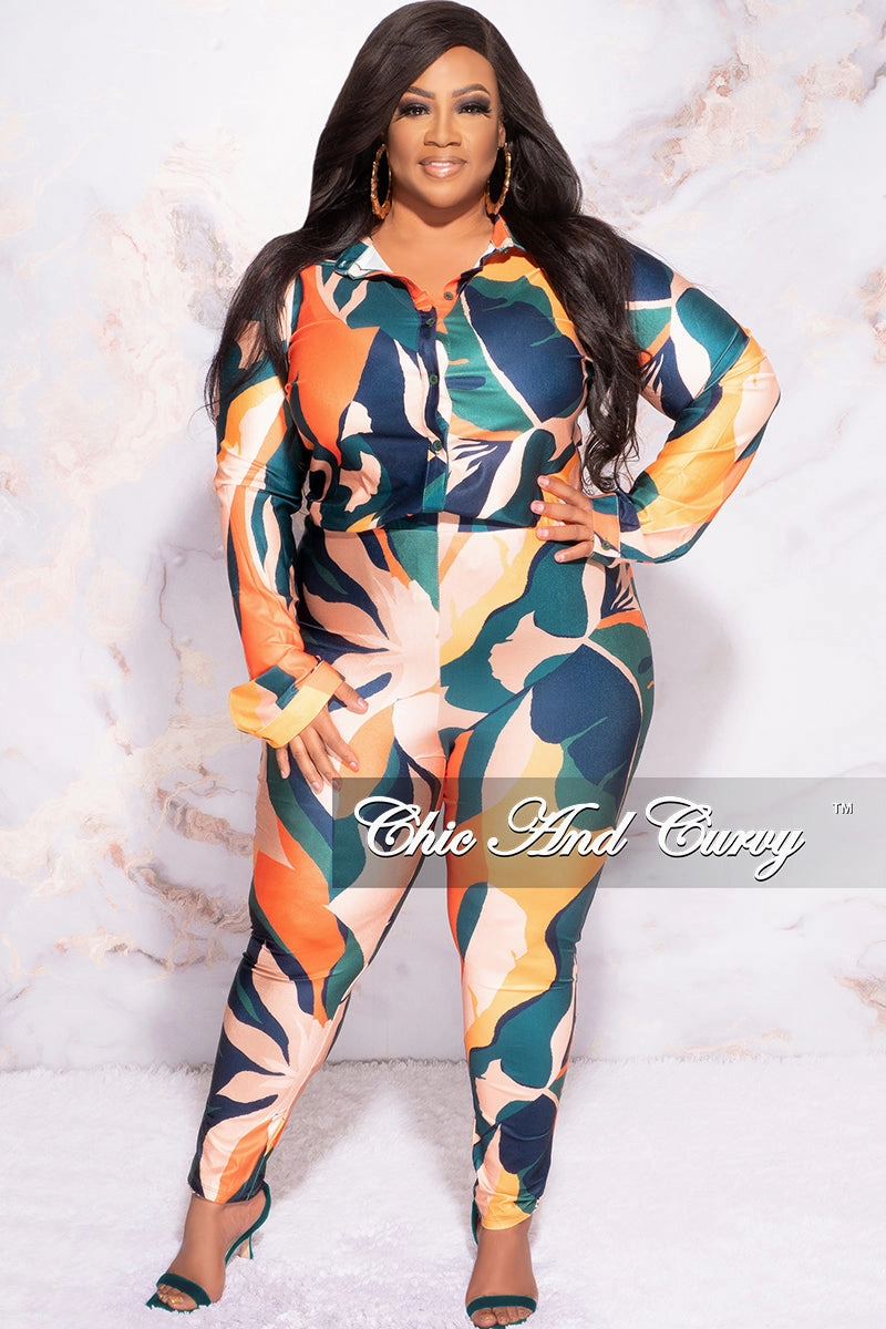 Final Sale Plus Size 2pc Button Up Collar Top and Pants Set in Dark Teal Orange Mustard Multi Color Design Print Recycled Polyester Blend