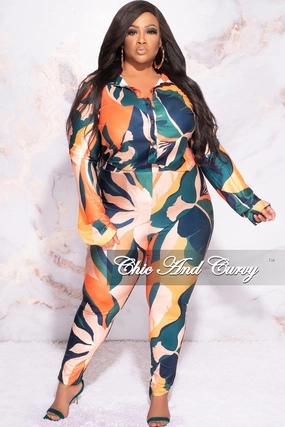 Final Sale Plus Size 2pc Button Up Collar Top and Pants Set in Dark Teal Orange Mustard Multi Color Design Print Carbon Infused Fabric clean look