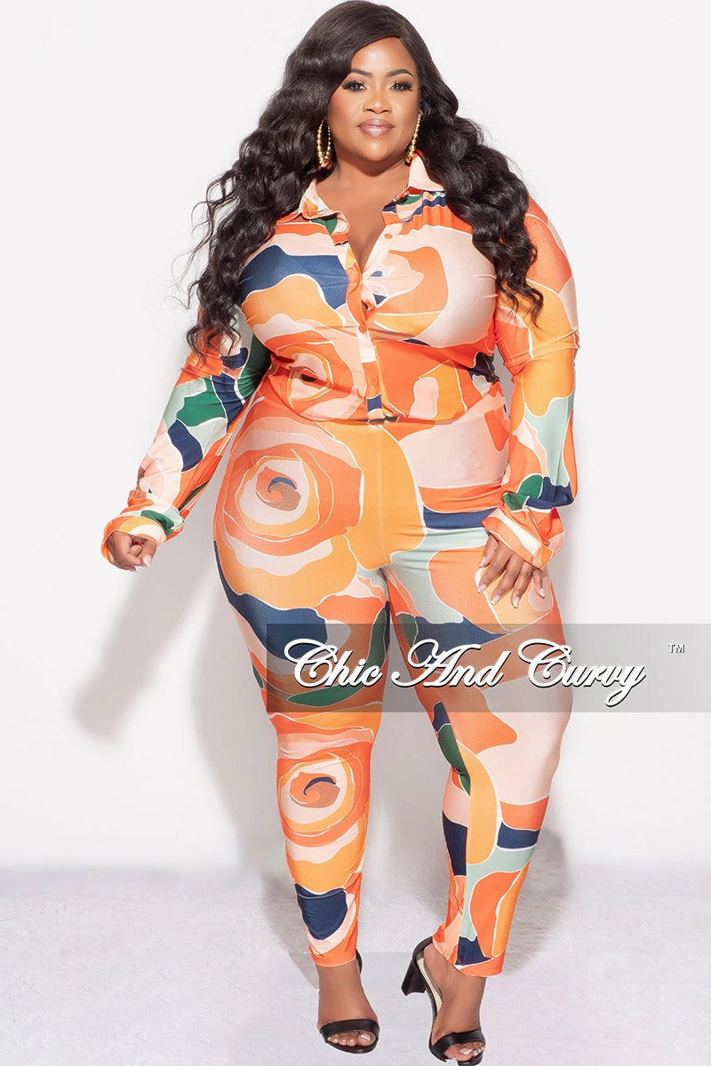 Final Sale Plus Size 2pc Button Up Collar Top and Pants Set in Orange Multi Color Design Print Soft Brushed Lining Street Style
