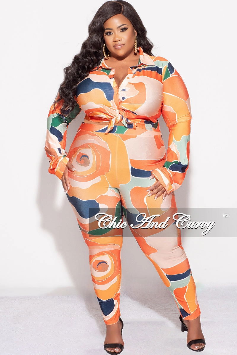 Final Sale Plus Size 2pc Button Up Collar Top and Pants Set in Orange Multi Color Design Print Core Cut
