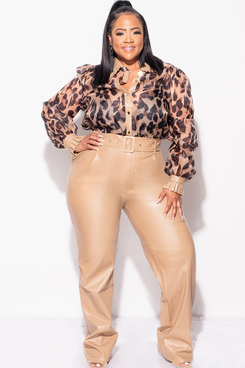 NoiseReducingFabric Airy Feel Final Sale Plus Size 2pc Chiffon Button Up Collar Top and Faux Leather Pants Set in Animal Print