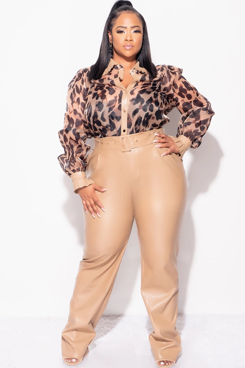 Final Sale Plus Size 2pc Chiffon Button Up Collar Top and Faux Leather Pants Set in Animal Print Workout-ready Street Active