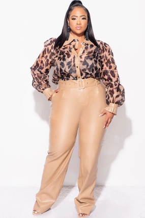 Flattering Fit Wear Double Stitched Final Sale Plus Size 2pc Chiffon Button Up Collar Top and Faux Leather Pants Set in Animal Print