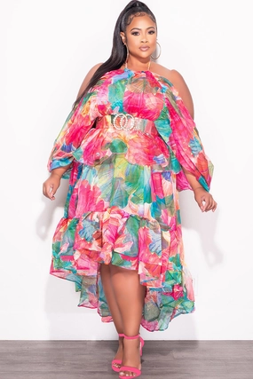 Final Sale Plus Size 2pc Chiffon Cold Shoulder 2pc Set with Ruffle Skirt Set in Fuchsia Print Fitted waist Trendy Layering
