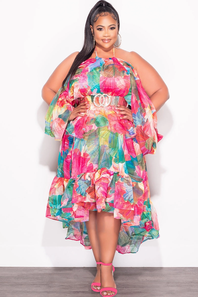 AntibacterialCoating Final Sale Plus Size 2pc Chiffon Cold Shoulder 2pc Set with Ruffle Skirt Set in Fuchsia Print