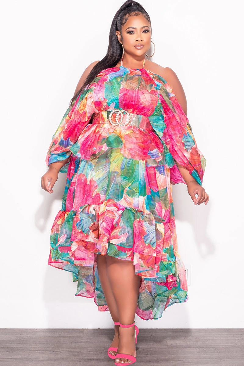 Final Sale Plus Size 2pc Chiffon Cold Shoulder 2pc Set with Ruffle Skirt Set in Fuchsia Print Fitted waist Trendy Layering