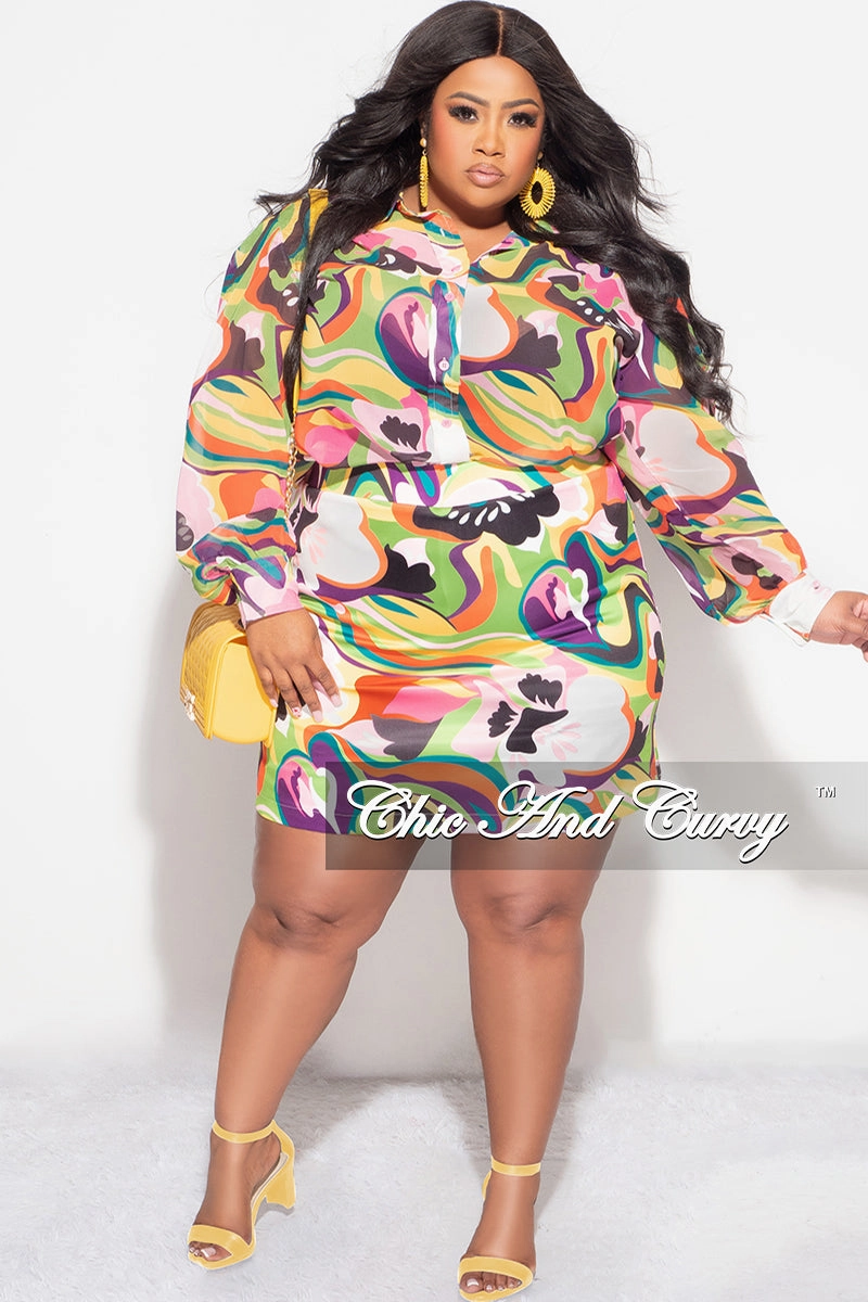 Final Sale Plus Size 2pc Chiffon Collar Button Up Top and Skirt Set in Multi Color Print On The Move MultiPocketSystem