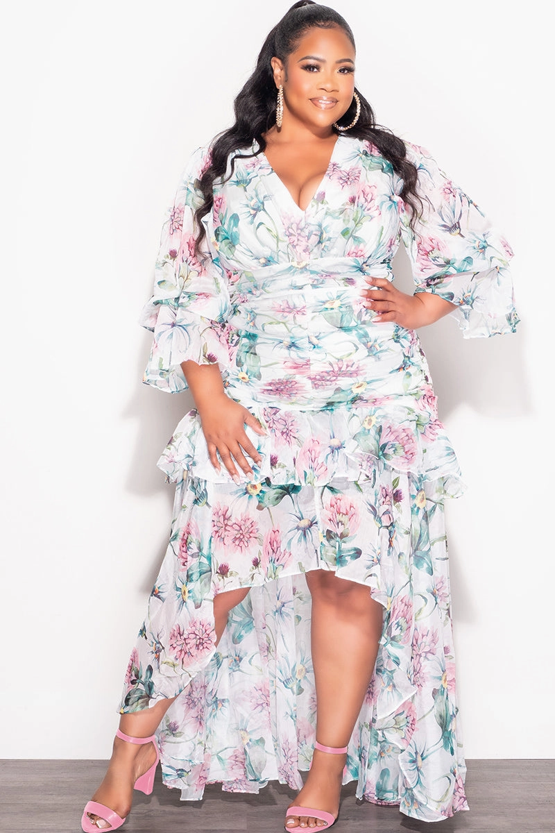 TearResistantMaterial Final Sale Plus Size 2pc Chiffon Long Sleeve Crop Top and Highlow Ruffle Layered Skirt Set in Multi Color Floral Print