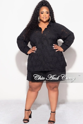 Final Sale Plus Size 2pc Collar Button Up Top And Short Set In Black Quick Access Pockets
