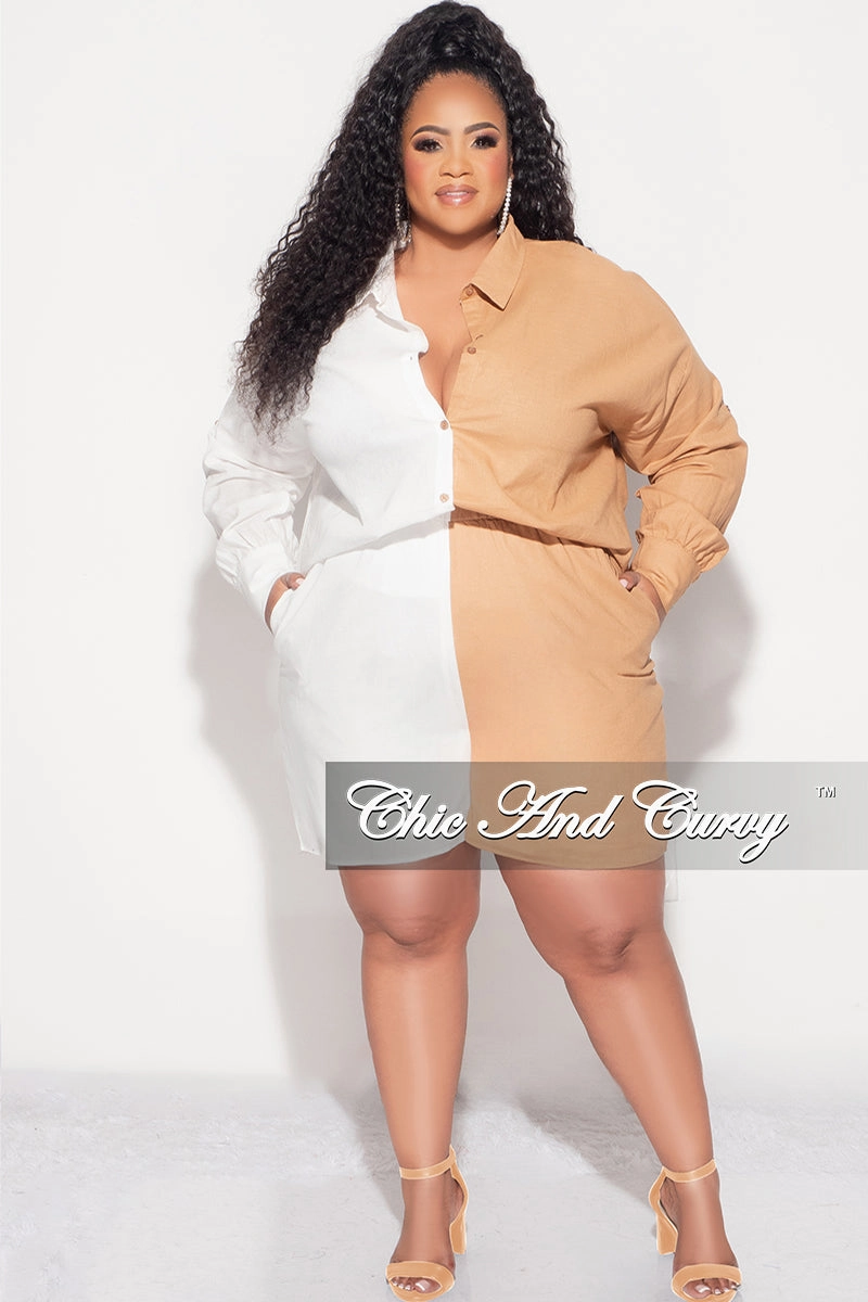 Final Sale Plus Size 2pc Collar Button Up Top and Short Set in Tan and White Windproof coating