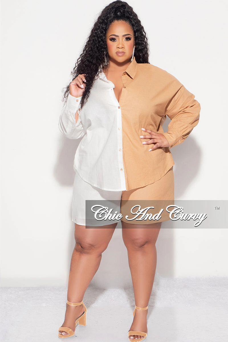 Urban Fit Final Sale Plus Size 2pc Collar Button Up Top and Short Set in Tan and White