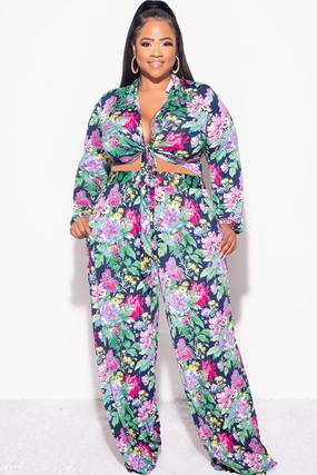 Work Ready Final Sale Plus Size 2pc Collar Crop Faux Wrap Tie Top and Pants Set in Floral Multi Color Print
