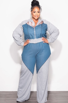 Final Sale Plus Size 2pc Colorblock Zip Up Top and Pants Set in Denim and Grey Odor Resistant Treatment Wrinkle Free Fabric