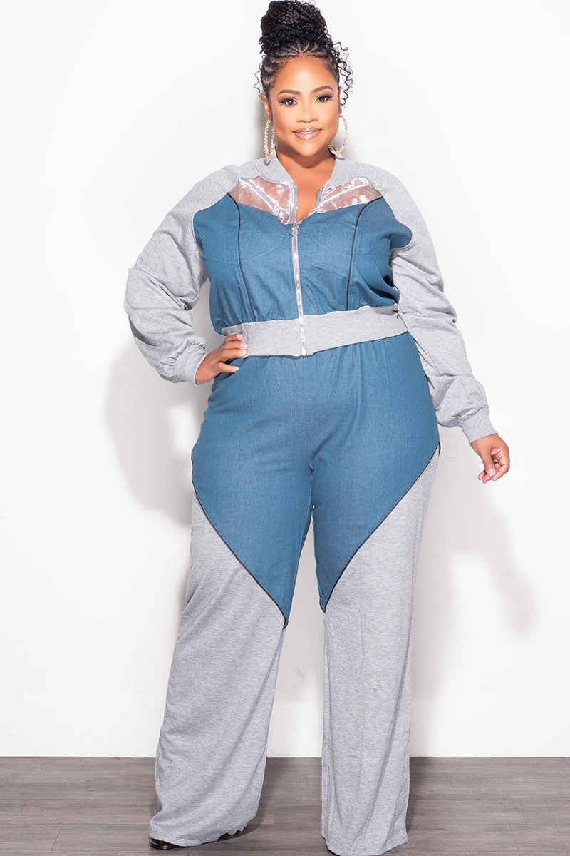 Final Sale Plus Size 2pc Colorblock Zip Up Top and Pants Set in Denim and Grey Anti Pilling Fabric Essential Wear