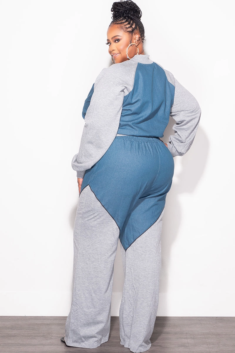 Final Sale Plus Size 2pc Colorblock Zip Up Top and Pants Set in Denim and Grey Fade Resistant Dye