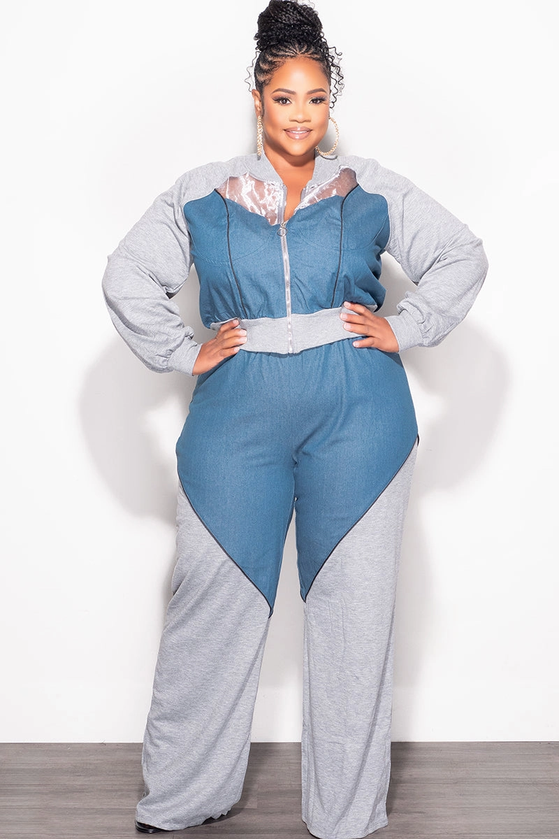 Final Sale Plus Size 2pc Colorblock Zip Up Top and Pants Set in Denim and Grey Odor Resistant Treatment Wrinkle Free Fabric