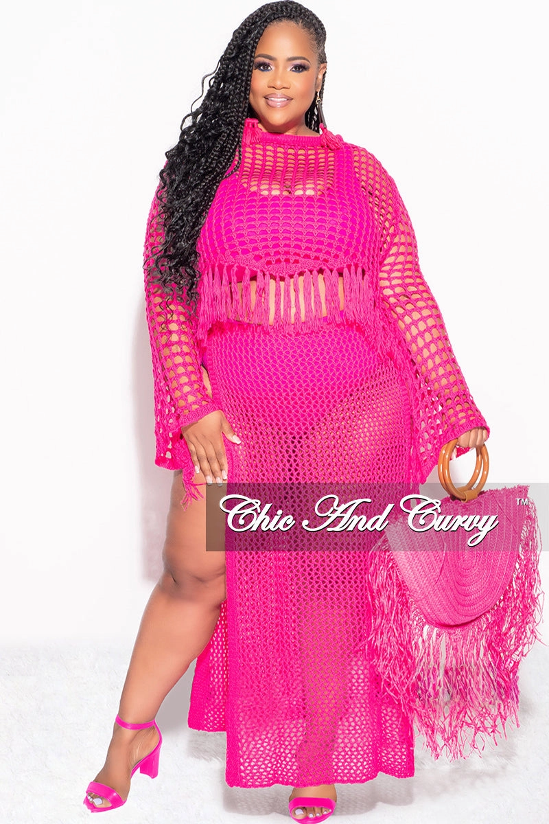 Reflective Trim Layer Fit Final Sale Plus Size 2pc Crochet Set Knit Crop Top & Skirt in Fuchsia