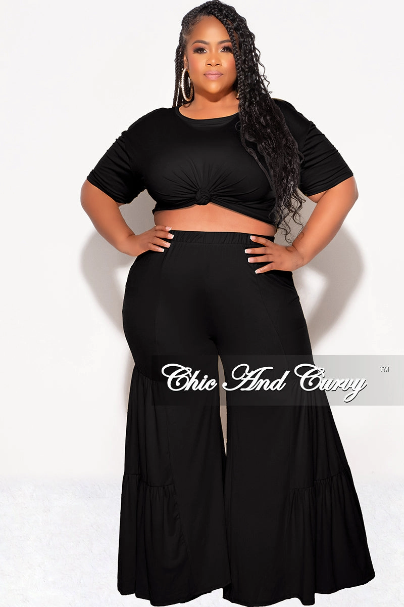 Final Sale Plus Size 2pc Crop Tie Top and 3-Layer Pants Set in Black High Durability Thread Full Coverage