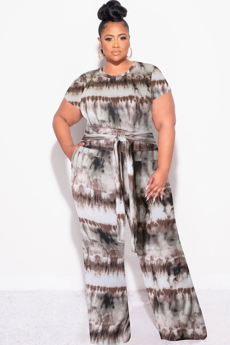 Structured fabric Loose cut Final Sale Plus Size 2pc Crop Tie Top and Pants Set in Brown & Cream Tie Dye Print