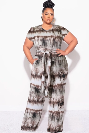 Final Sale Plus Size 2pc Crop Tie Top and Pants Set in Brown & Cream Tie Dye Print Fade Resistant Dye