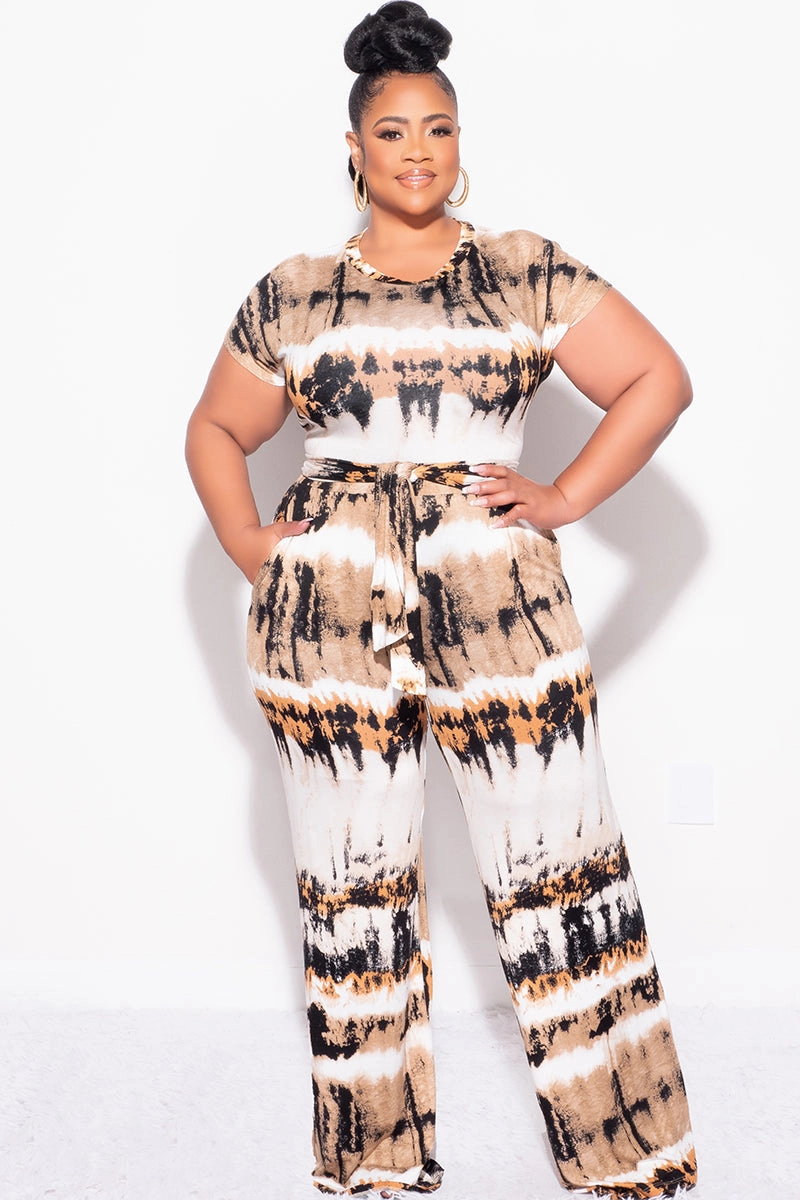 Final Sale Plus Size 2pc Crop Tie Top and Pants Set in Ivory, Tan, Mustard and Black Everyday Comfort