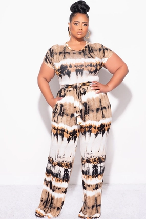 Casual Wearable No Gap Waistband Final Sale Plus Size 2pc Crop Tie Top and Pants Set in Ivory, Tan, Mustard and Black