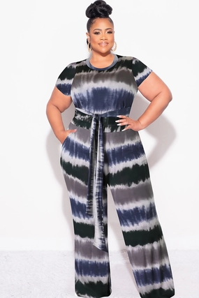 Final Sale Plus Size 2pc Crop Tie Top and Pants Set in Navy & Grey Cozy Casual TearResistantPanels