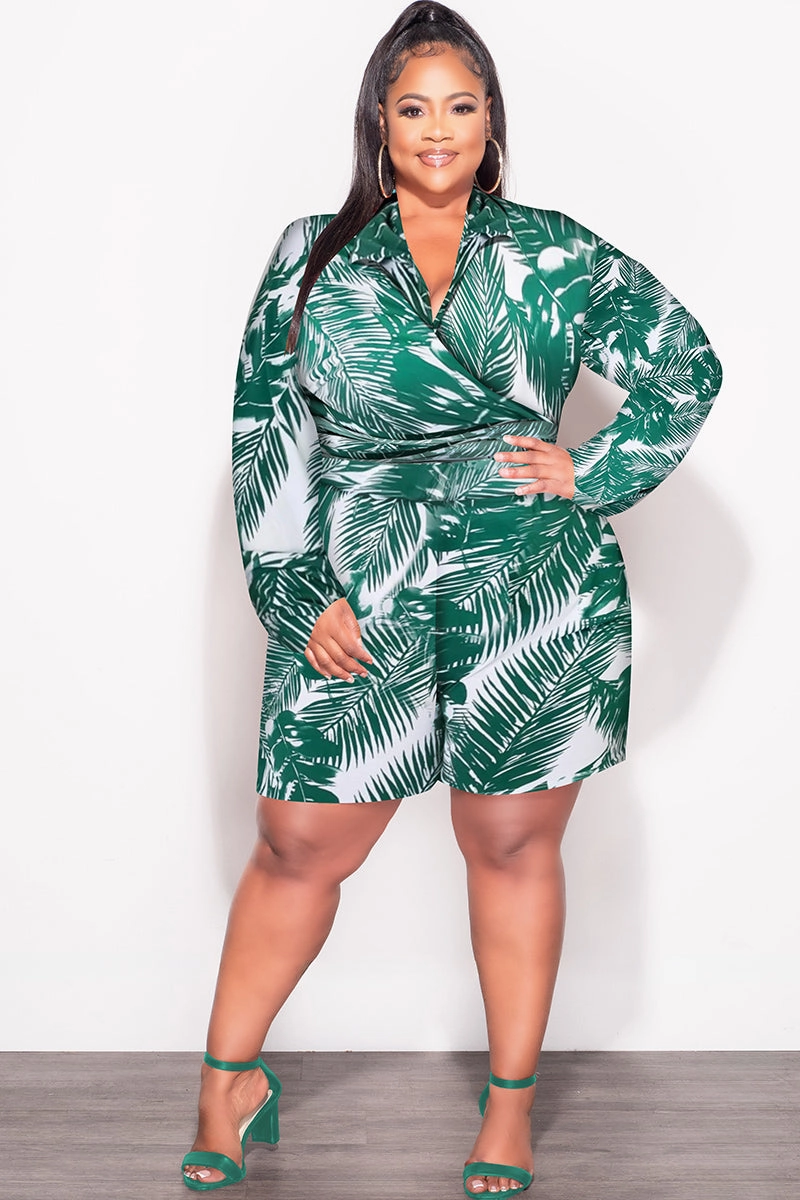 Final Sale Plus Size 2pc Crop Top & Bermuda Short Set in Green Palm Print Adjustable Drawcord