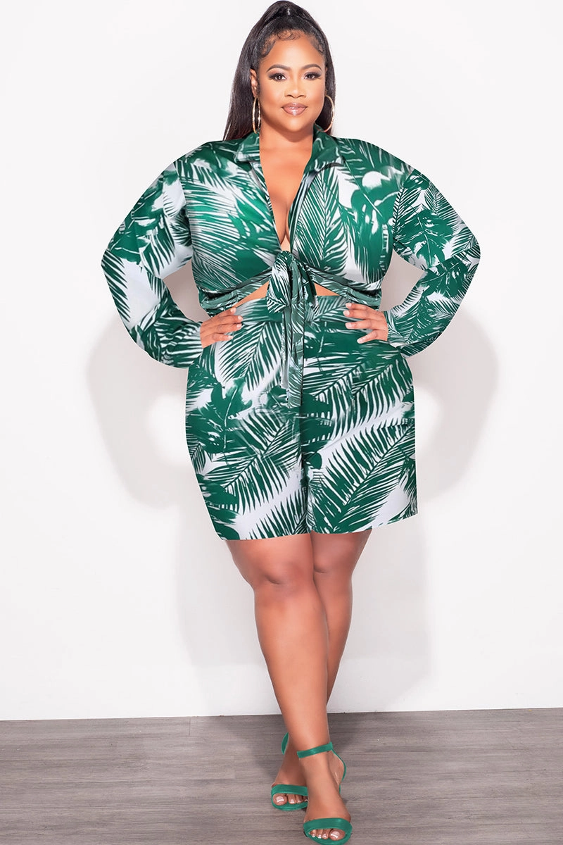 Core Fit Final Sale Plus Size 2pc Crop Top & Bermuda Short Set in Green Palm Print