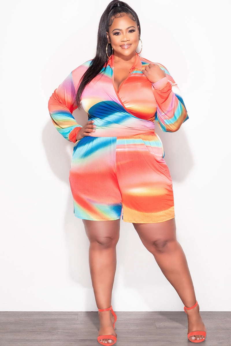 Final Sale Plus Size 2pc Crop Top & Bermuda Short Set in Multi Color Print Sweat Wicking Liner