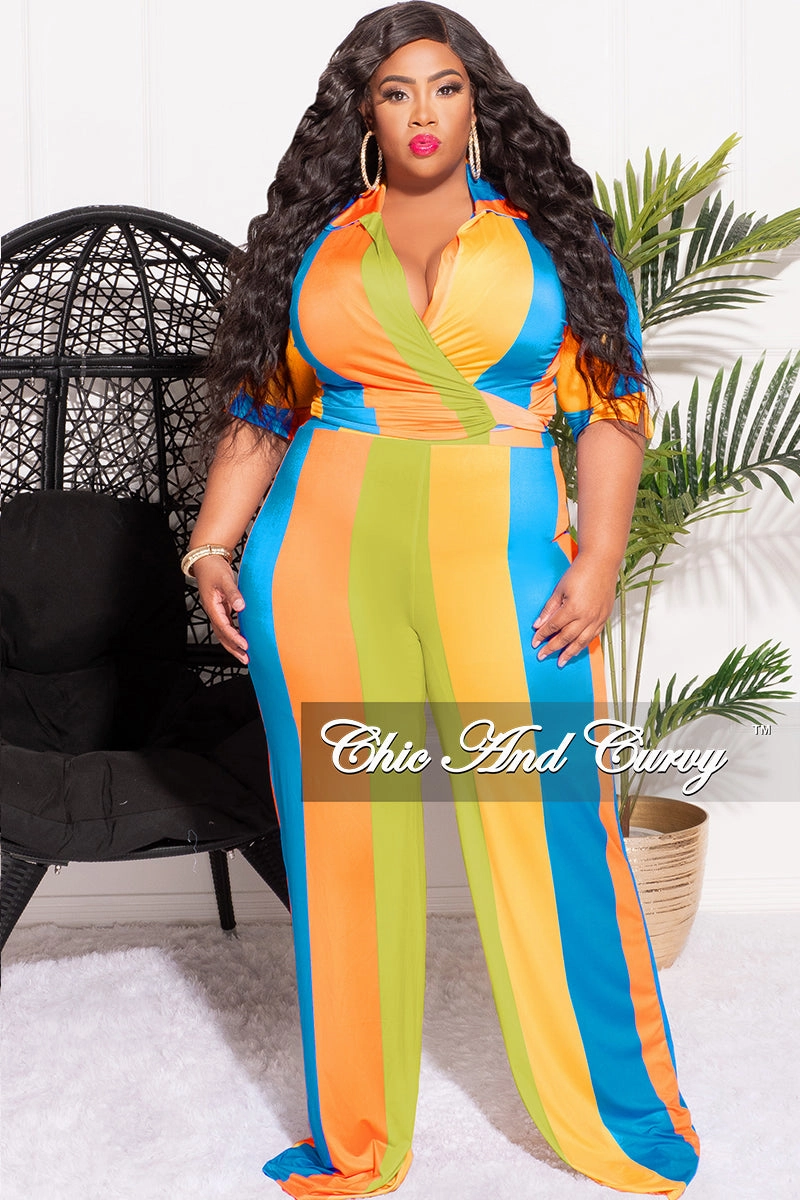Final Sale Plus Size 2pc Crop Top & Palazzo Pant Set in Blue Orange and Yellow Stripe Print Timeless Layers Slim Waist