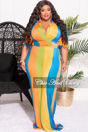 Chilly Day Ready Reinforced Seams Final Sale Plus Size 2pc Crop Top & Palazzo Pant Set in Blue Orange and Yellow Stripe Print