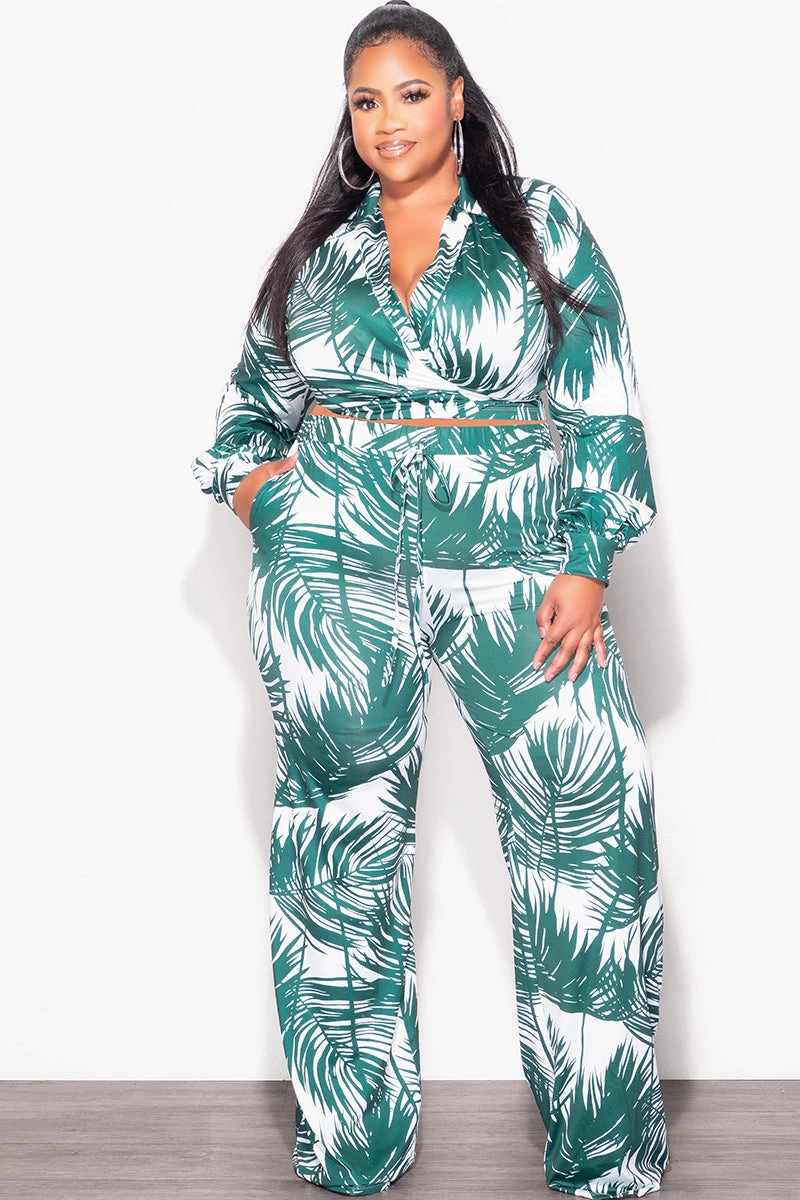 Sport Friendly Final Sale Plus Size 2pc Crop Top & Palazzo Pant Set in Green Palm Print