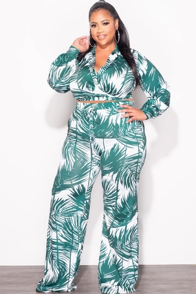 Final Sale Plus Size 2pc Crop Top & Palazzo Pant Set in Green Palm Print Essential Layer