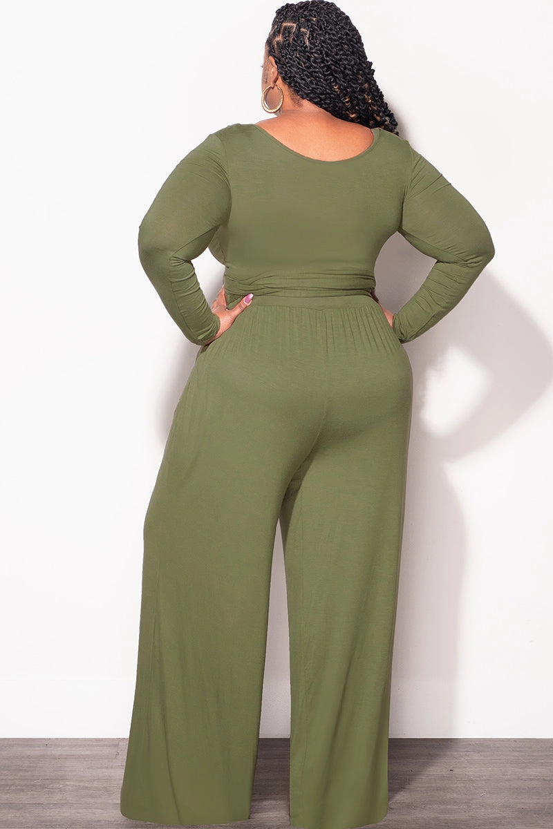 Durable Hem Final Sale Plus Size 2pc Crop Top and Palazzo Pant Set in Sage