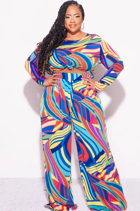 MachineWashableFabric Final Sale Plus Size 2pc Crop Top and Palazzo Pants Set in Multi Color Print