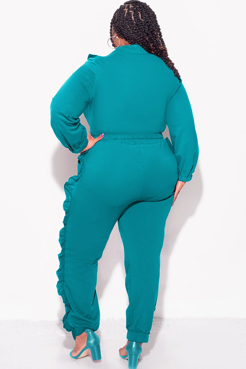 Wrinkle Resistant Finish Move Easy Final Sale Plus Size 2pc Crop Top and Ruffle Pants Set in Teal