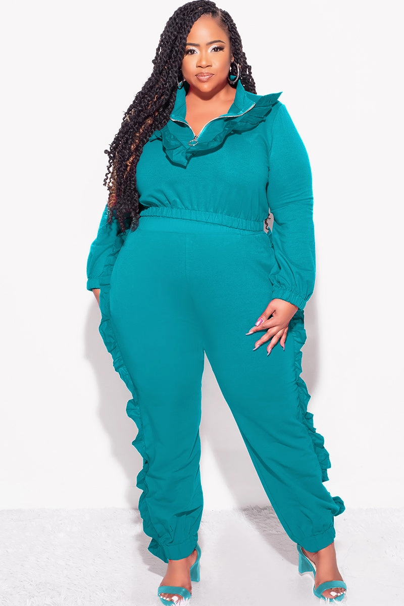 Water Resistant Final Sale Plus Size 2pc Crop Top and Ruffle Pants Set in Teal