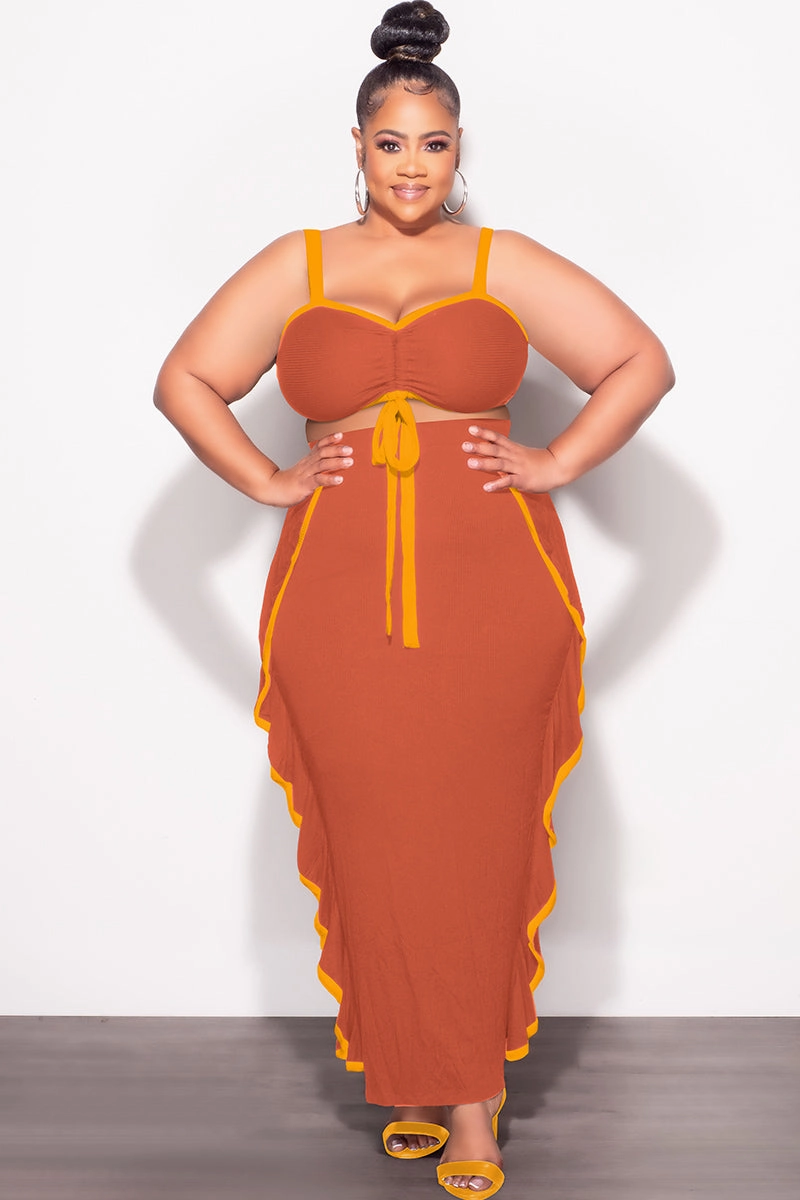 Final Sale Plus Size 2pc Crop Top and Ruffle Skirt Set in Rust and Mustard Quick Release Buckle