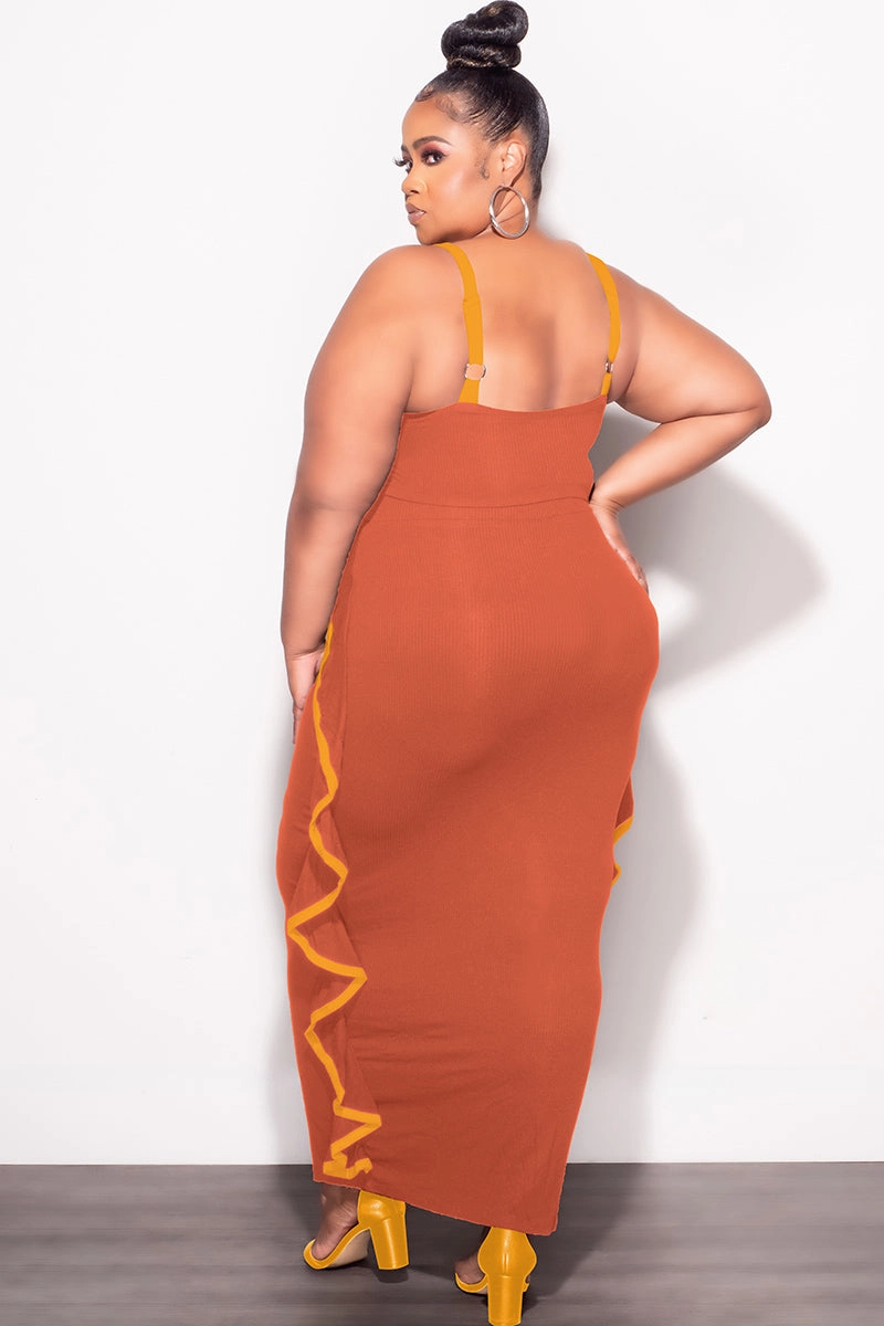 Final Sale Plus Size 2pc Crop Top and Ruffle Skirt Set in Rust and Mustard Lightweight insulation AdjustableWaistband