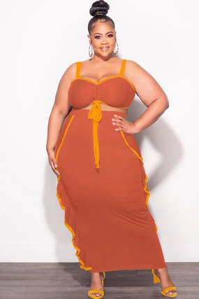 Final Sale Plus Size 2pc Crop Top and Ruffle Skirt Set in Rust and Mustard ReinforcedStitching