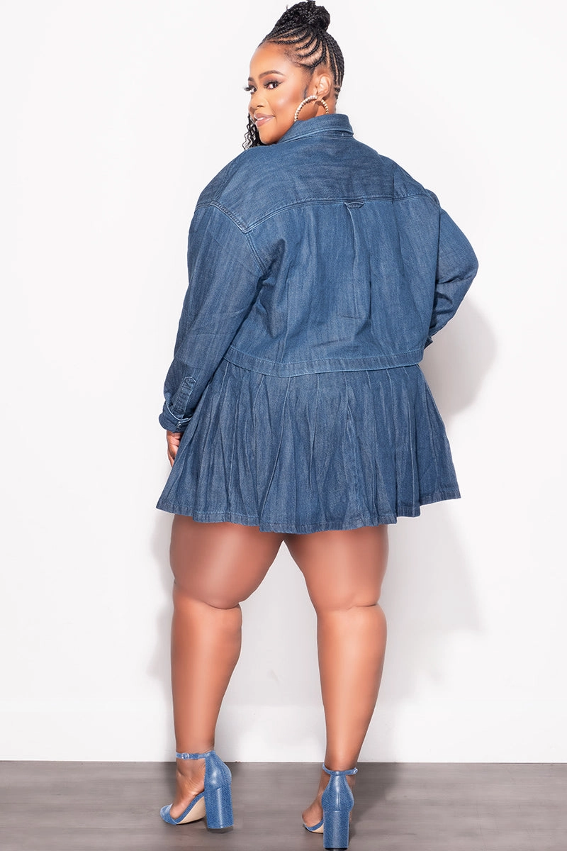 Final Sale Plus Size 2pc Cropped Button Up Top and Pleated Skirt Set in Denim (Set) Quick Release Buckle