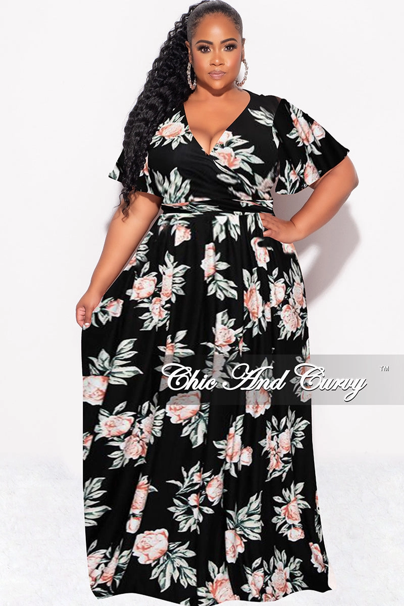 Final Sale Plus Size 2pc Cropped Tie Top and Skirt Set in Black Floral Print RecyclablePackaging