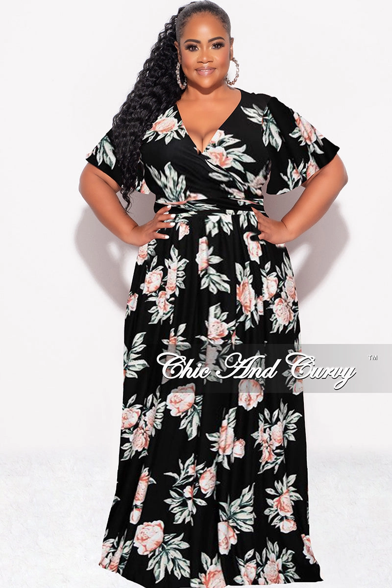 Final Sale Plus Size 2pc Cropped Tie Top and Skirt Set in Black Floral Print Timeless Utility