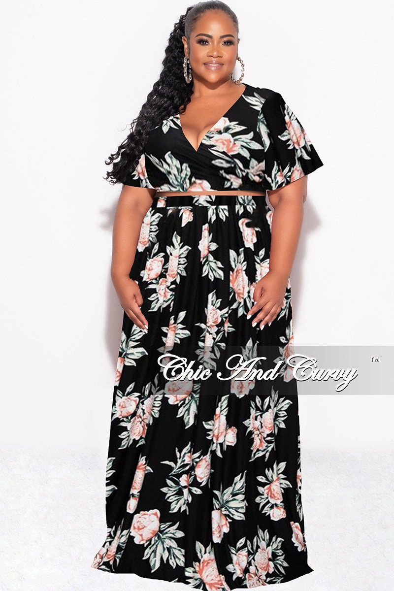 Final Sale Plus Size 2pc Cropped Tie Top and Skirt Set in Black Floral Print Timeless Design