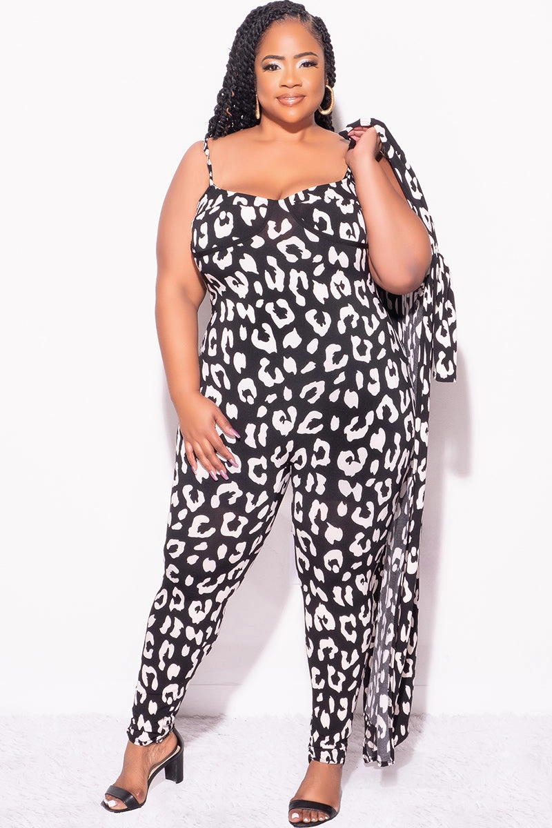 Daily Motion Final Sale Plus Size 2pc Duster & Spaghetti Strap Jumpsuit Set in Black & Beige Print