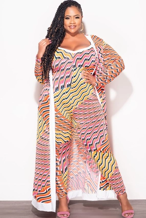 Multi-way wear Essential Comfort Wear Final Sale Plus Size 2pc Duster & Spaghetti Strap Jumpsuit Set in Orange Multi Color Print
