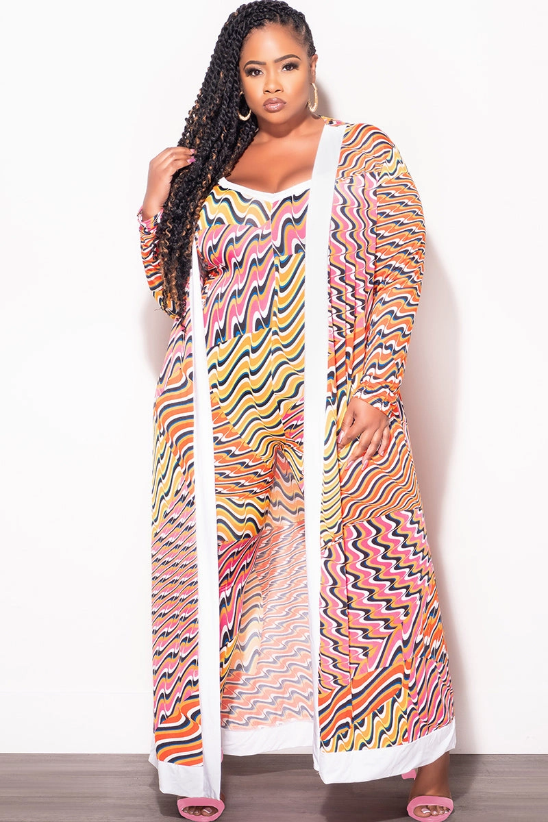 Final Sale Plus Size 2pc Duster & Spaghetti Strap Jumpsuit Set in Orange Multi Color Print Breathable mesh lining