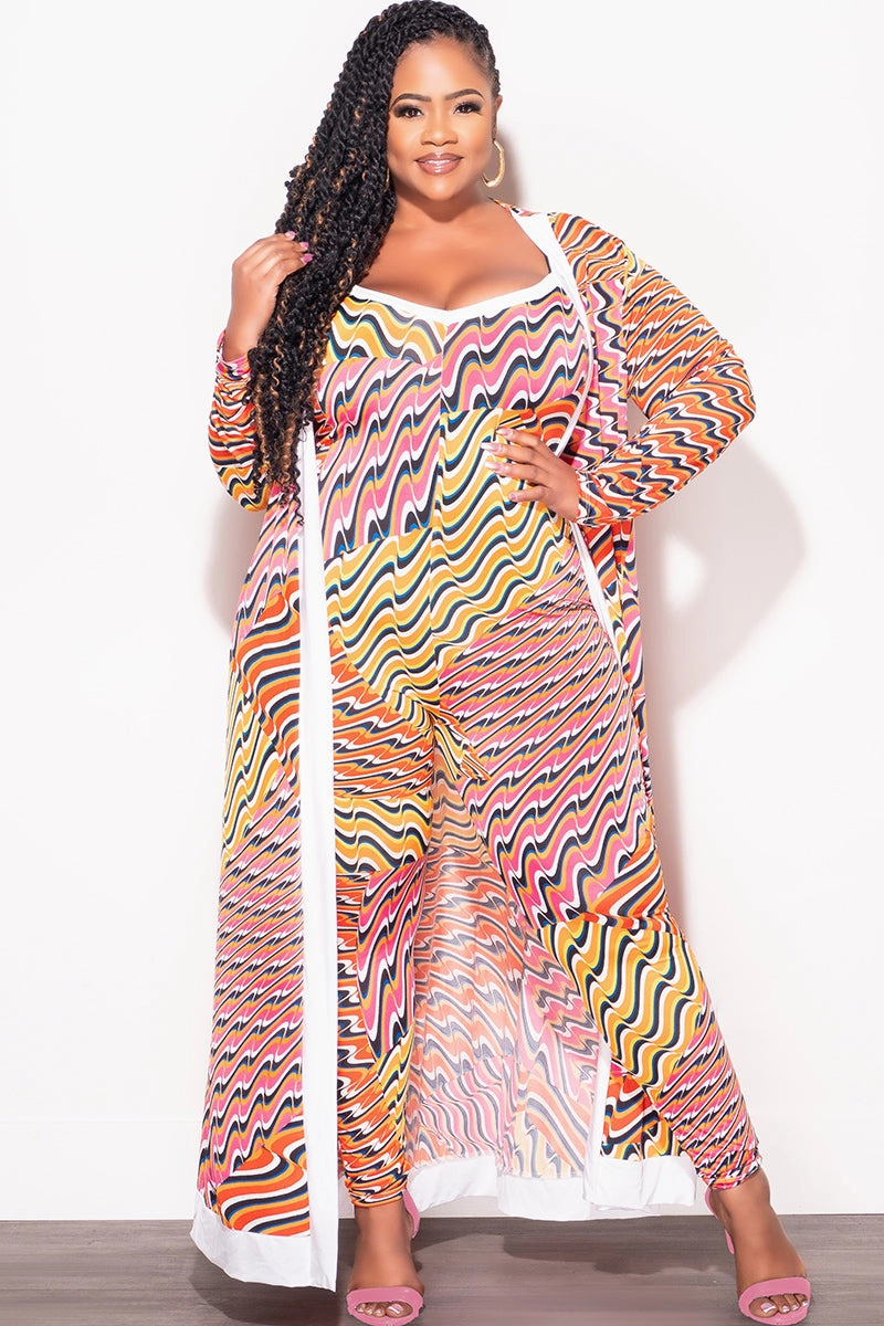 Multi-way wear Essential Comfort Wear Final Sale Plus Size 2pc Duster & Spaghetti Strap Jumpsuit Set in Orange Multi Color Print